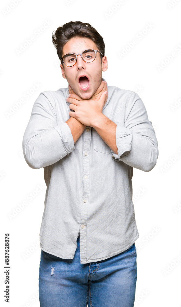 Young handsome man wearing glasses over isolated background shouting and suffocate because painful strangle. Health problem. Asphyxiate and suicide concept. Young handsome man wearing glasses over isolated background shouting and suffocate because painful strangle. Health problem. Asphyxiate and suicide concept.