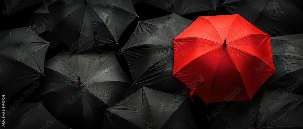 An overhead view of one vibrant red umbrella standing out among several black umbrellas, creating a striking visual contrast and focal point. An overhead view of one vibrant red umbrella standing out among several black umbrellas, creating a striking visual contrast and focal point.