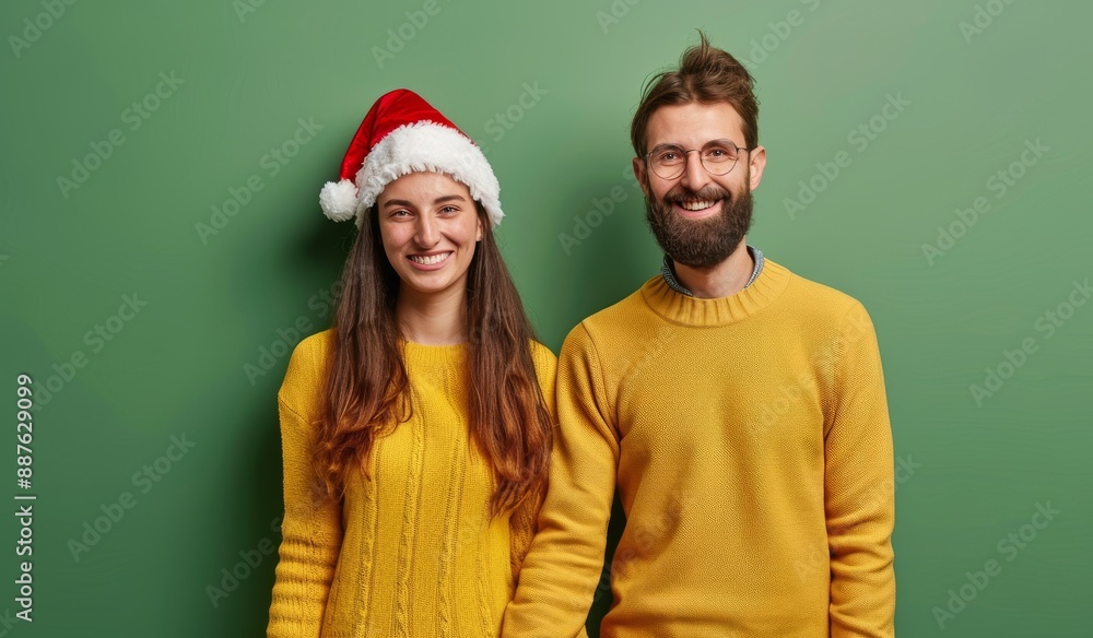 Happy couple in yellow sweaters with Santa hat celebrating Christmas against green background Happy couple in yellow sweaters with Santa hat celebrating Christmas against green background