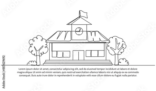 Continuous one line design of school building. Minimalist style vector illustration on white background.