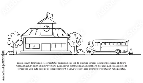Continuous one line design of school building facade and school bus. Minimalist style vector illustration on white background.