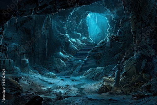 Mysterious Glowing Cave Entrance with Staircase photo