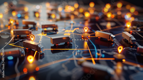 Digital representation of logistics and transportation system with trucks and GPS markers. Concept of smart logistics and fleet management.