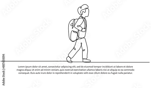 Continuous one line design of a child going to school alone. Minimalist style vector illustration on white background.