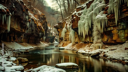 A deep ravine in winter, the rocky cliffs covered in a dusting of snow, icicles hanging from the edges, the river partially frozen, the cold light creating a stark, serene atmosphere. photo