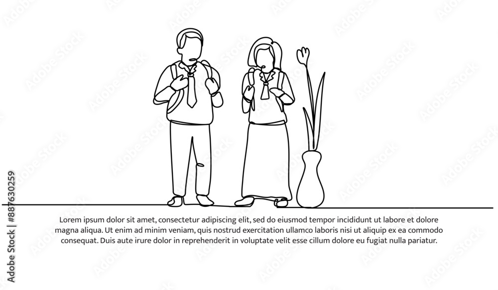Continuous one line design of children going to school. Minimalist style vector illustration on white background. Continuous one line design of children going to school. Minimalist style vector illustration on white background.