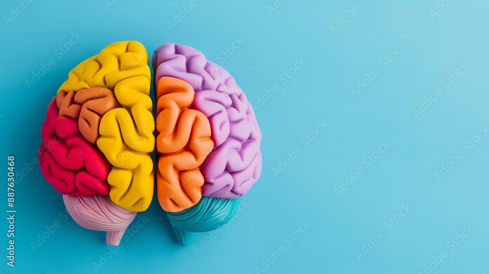 A colorful brain is cut in half and placed on a blue background. The colors of the brain are red, yellow, and purple. Concept of the complexity and diversity of the human brain A colorful brain is cut in half and placed on a blue background. The colors of the brain are red, yellow, and purple. Concept of the complexity and diversity of the human brain
