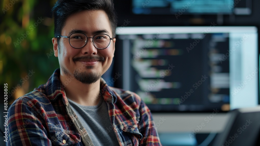 Realistic 4k image of a male computer scientist in casual attire, smiling confidently with a computer and data background, reflecting high expertise in computer science Realistic 4k image of a male computer scientist in casual attire, smiling confidently with a computer and data background, reflecting high expertise in computer science