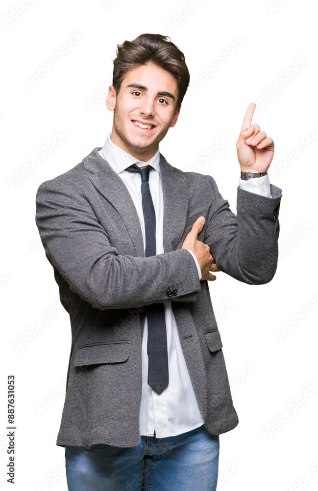 Young business man wearing suit and tie over isolated background with a big smile on face, pointing with hand and finger to the side looking at the camera. Young business man wearing suit and tie over isolated background with a big smile on face, pointing with hand and finger to the side looking at the camera.
