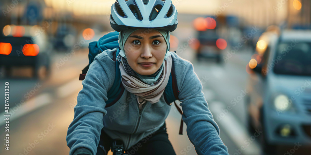 muslim asian woman on a bicycle in a city with traffic. muslim asian woman on a bicycle in a city with traffic.