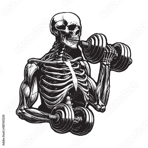 Funny Body Builder Posing Skull White on Black Tattoo Style Gym Logo Vector for T-shirts and Wall Decal Workout Athletic Gym Muscle Fitness Beast Barbell Bodybuilding Healthy Wall Sticker Gym Decor