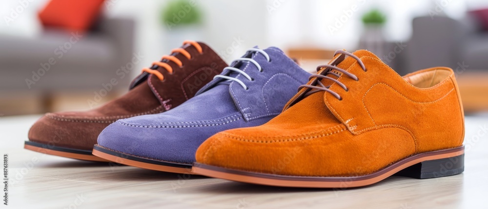 Three different colored shoes are displayed on a table Three different colored shoes are displayed on a table