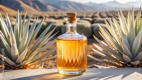 Clear glass bottle of tequila with agave plants in the background photo