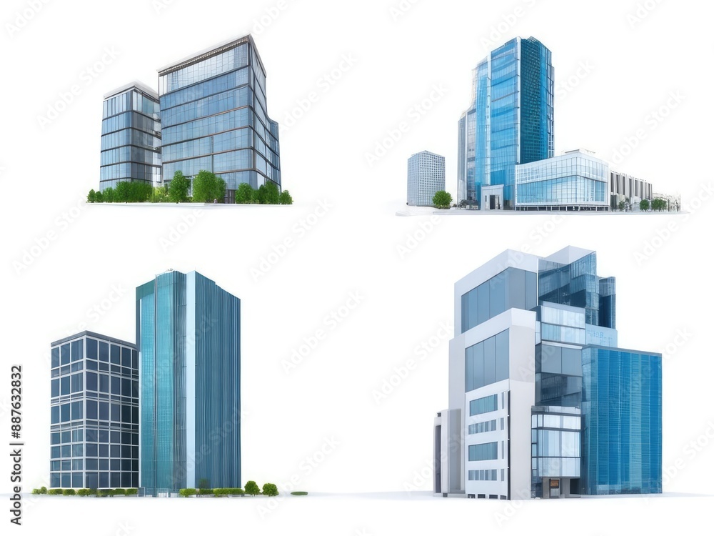 Different styles of modern buildings isolated on white background, high rise buildings. Different styles of modern buildings isolated on white background, high rise buildings.