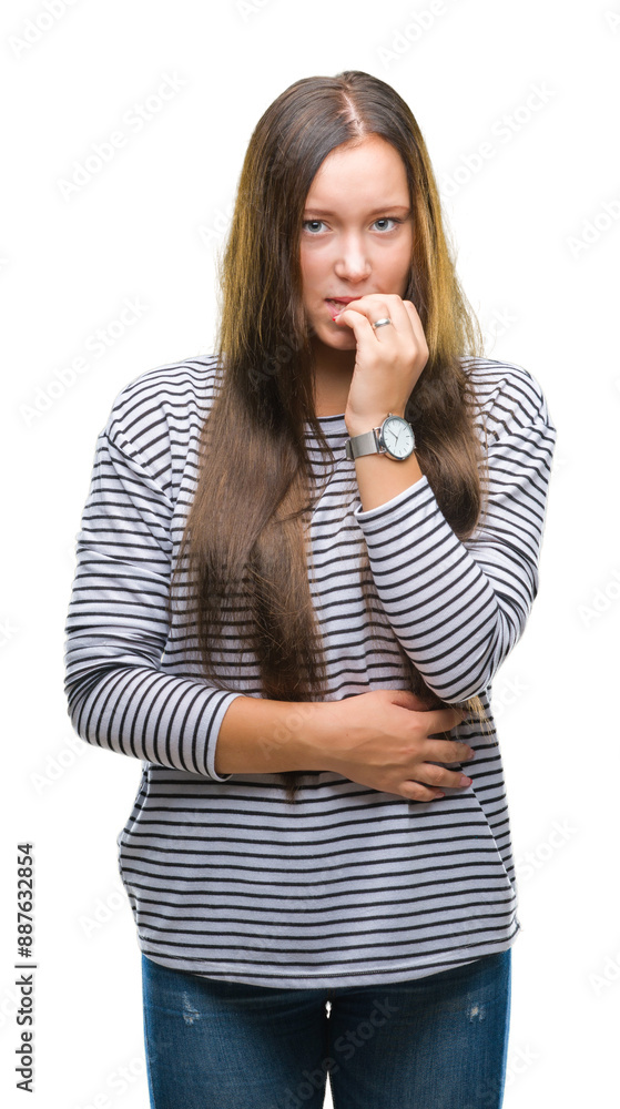 Young beautiful caucasian woman over isolated background looking stressed and nervous with hands on mouth biting nails. Anxiety problem. Young beautiful caucasian woman over isolated background looking stressed and nervous with hands on mouth biting nails. Anxiety problem.