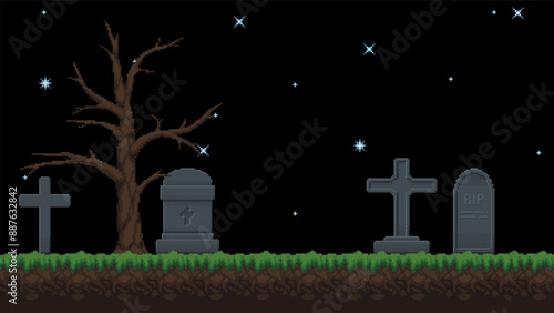 Pixel art cemetery landscape. Graveyard seamless background with glowing stars in the sky. Vector illustration.