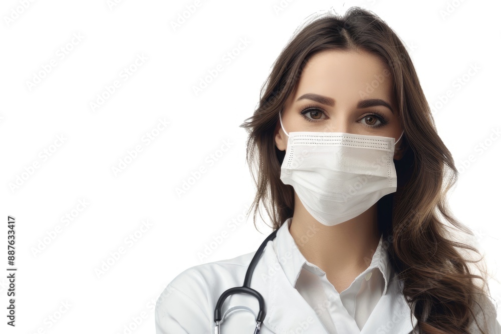 Female doctor in protective mask posing against white background. Female doctor in protective mask posing against white background.