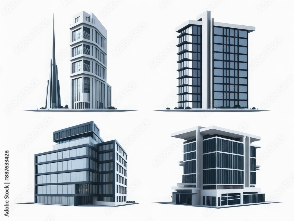 Different styles of modern buildings isolated on white background, high rise buildings. Different styles of modern buildings isolated on white background, high rise buildings.