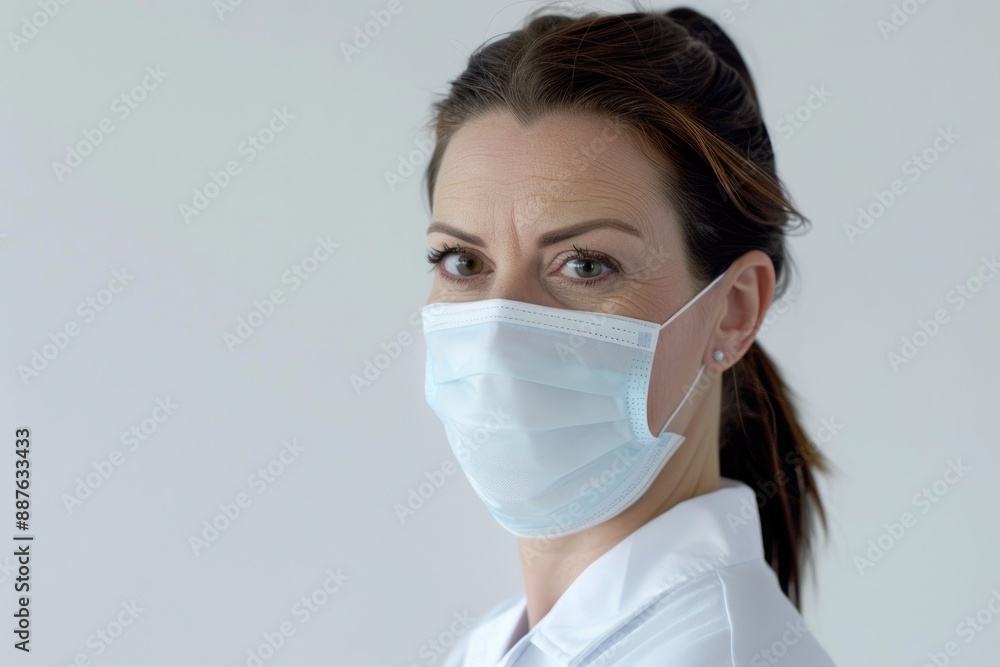 Female doctor in protective mask posing against white background. Female doctor in protective mask posing against white background.