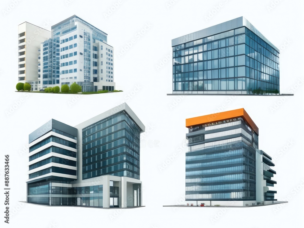 Different styles of modern buildings isolated on white background, high rise buildings. Different styles of modern buildings isolated on white background, high rise buildings.