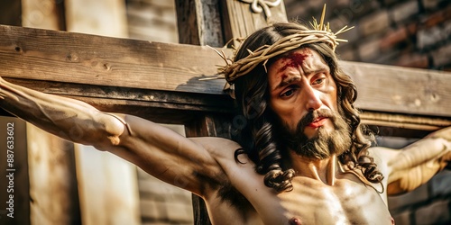 Crucifixion of Jesus Christ on the wooden cross suffering and sacrifice of the savior photo