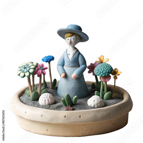 a miniature figure of a lady in a blue dress is surrounded by plants.