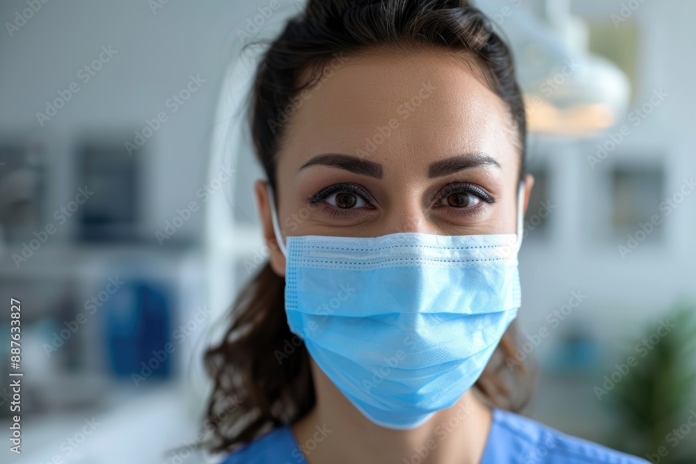 Dental assistant in clinic wearing surgical mask portrait. Dental assistant in clinic wearing surgical mask portrait.