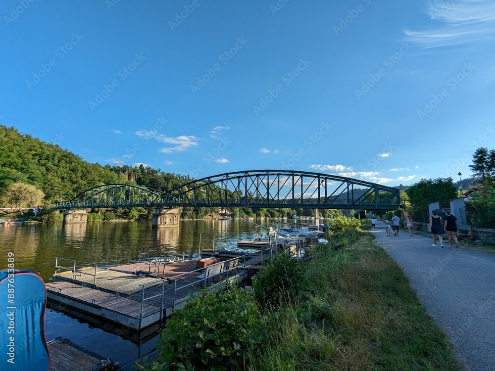 Davle town on confluence of rivers Vltava and Sazava, local small port and a bridge over Vltava river,Bohemia,Czech republic,Europe Davle town on confluence of rivers Vltava and Sazava, local small port and a bridge over Vltava river,Bohemia,Czech republic,Europe