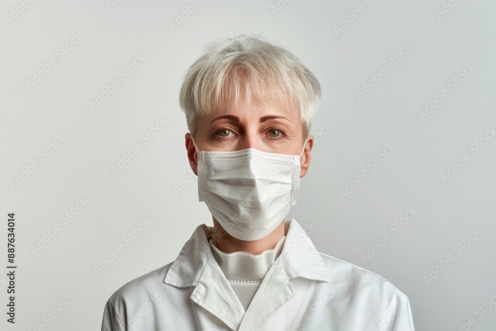 Serious female doctor in surgical mask against white background. Serious female doctor in surgical mask against white background.