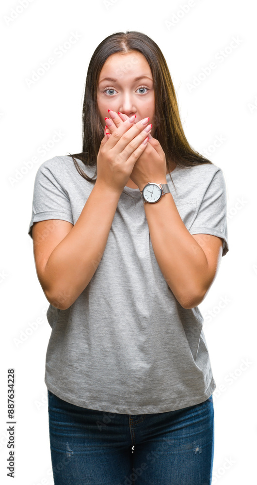 Young caucasian beautiful woman over isolated background shocked covering mouth with hands for mistake. Secret concept. Young caucasian beautiful woman over isolated background shocked covering mouth with hands for mistake. Secret concept.