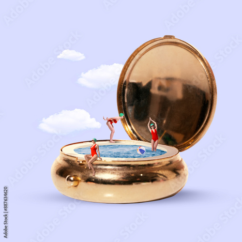 Contemporary art collage. Beauty and recreation. Compact mirror transformed into pool with young girl swimming there against pastel background with clouds. Concept of retro summer, music, holidays photo