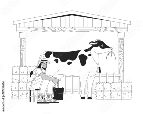 African american female farmer milking cow black and white flat line illustration. Black female working with large cattle 2D lineart character isolated. Livestock farm monochrome vector outline image