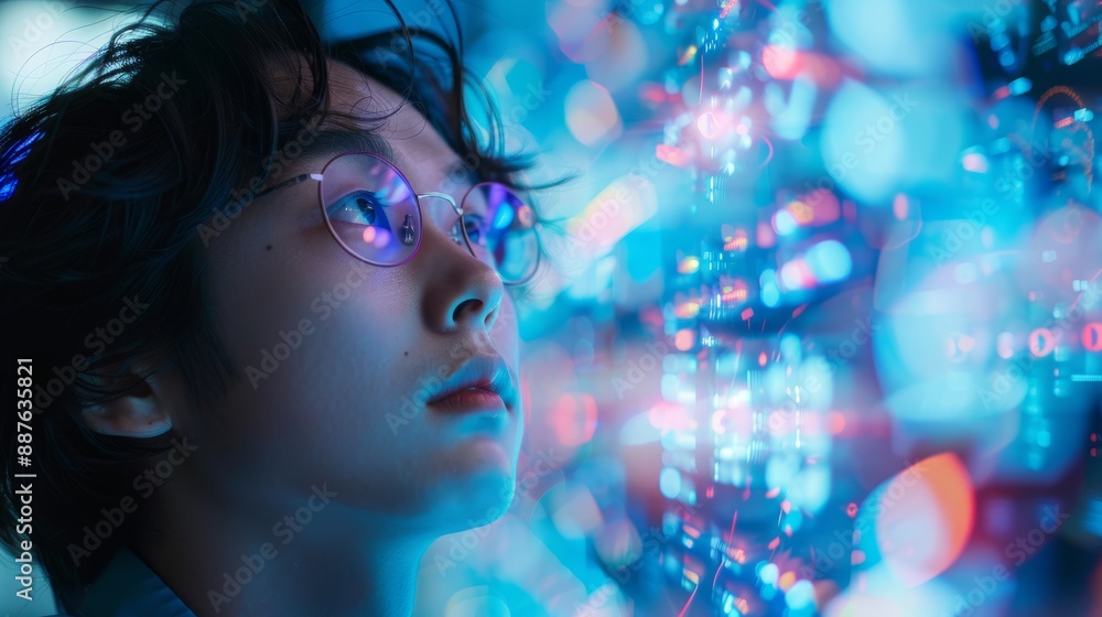 Young Asian Male Observing Holographic Digital Display: Futuristic Technology Innovation Young Asian Male Observing Holographic Digital Display: Futuristic Technology Innovation