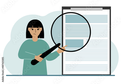 A woman holds a magnifying glass and examines a document, contract or agreement. The concept of a lawyer, businessman, or attorney at work.