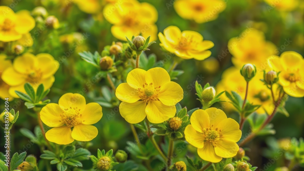 Vibrant yellow blooms of Jackman Potentilla flowers sway gently in breeze amidst lush green foliage in serene flower garden backdrop. Vibrant yellow blooms of Jackman Potentilla flowers sway gently in breeze amidst lush green foliage in serene flower garden backdrop.