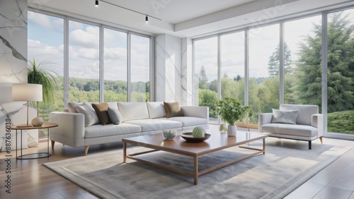 Spacious modern white living room with sleek furniture, marble coffee table, and large windows allowing natural light overflow.