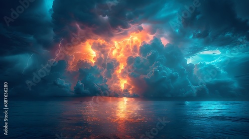 A dramatic thunderstorm with bright lightning illuminating dark clouds over the sea, showcasing the raw power and sublime beauty of nature.  #887636280