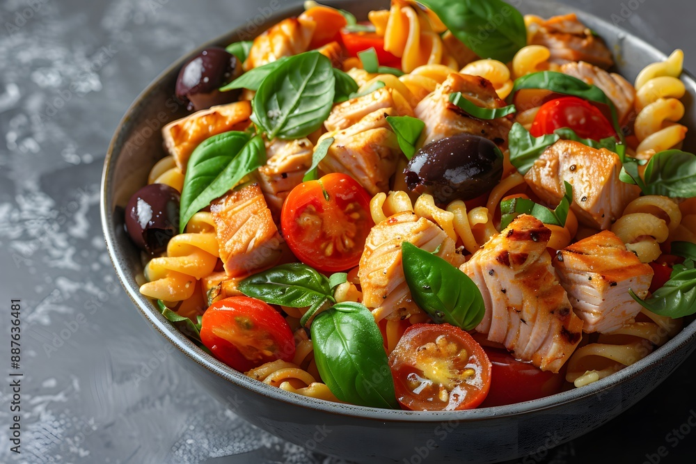 Healthy Grilled Salmon Pasta Salad with Cherry Tomatoes, Basil, and Olives - Ideal for Summer Meals and Nutrition Healthy Grilled Salmon Pasta Salad with Cherry Tomatoes, Basil, and Olives - Ideal for Summer Meals and Nutrition