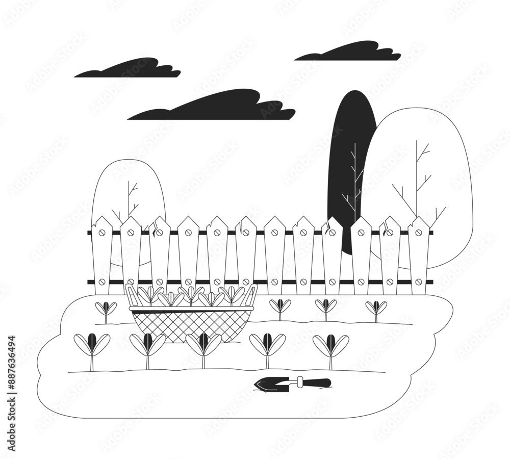 Seedlings basket and shovel in kitchen garden black and white flat line illustration. Growing plants for food manufacturing 2D lineart scene isolated. Farm life monochrome vector outline image Seedlings basket and shovel in kitchen garden black and white flat line illustration. Growing plants for food manufacturing 2D lineart scene isolated. Farm life monochrome vector outline image