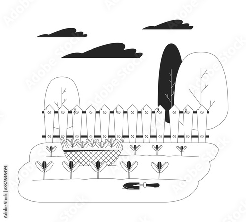 Seedlings basket and shovel in kitchen garden black and white flat line illustration. Growing plants for food manufacturing 2D lineart scene isolated. Farm life monochrome vector outline image