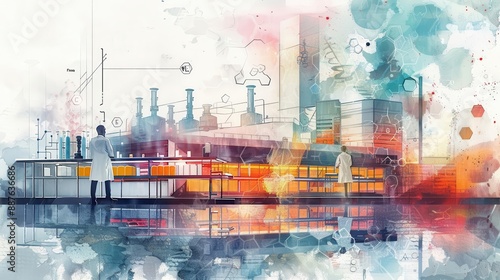 Abstract watercolor illustration of scientists in a laboratory setting with beakers and chemical equipment.