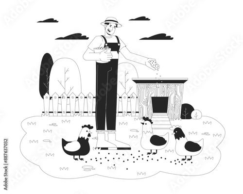 Asian man feeding chickens black and white flat line illustration. Cheerful japanese male farmer taking care of farm birds 2D lineart character isolated. Agriculture monochrome vector outline image