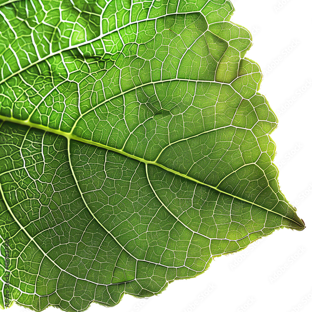Obraz premium Close-up of a vibrant green leaf showing intricate vein patterns, highlighting the beauty and complexity of nature's design.
