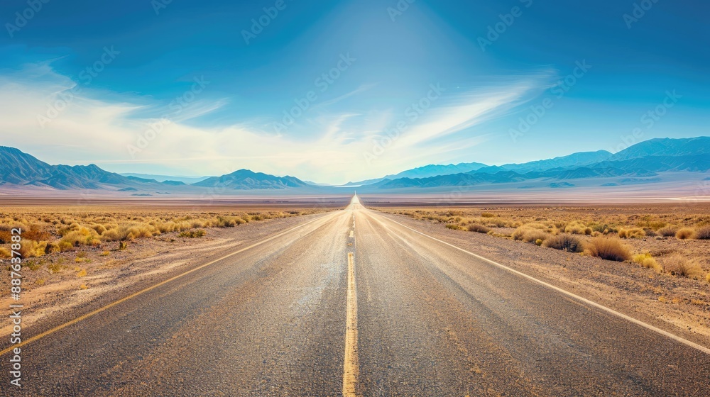 Breathtaking desert highway vanishing into distant mountains under bright blue sky Breathtaking desert highway vanishing into distant mountains under bright blue sky