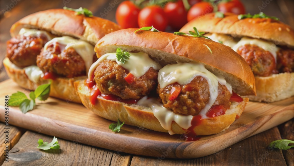 Juicy meatballs smothered in marinara sauce and melted mozzarella cheese piled high on a crispy sub roll bread. Juicy meatballs smothered in marinara sauce and melted mozzarella cheese piled high on a crispy sub roll bread.