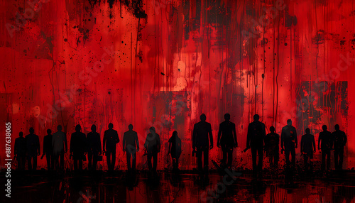 Crowd of people silihoute against a bloody red wall - Gangster theme wallpaper generative ai