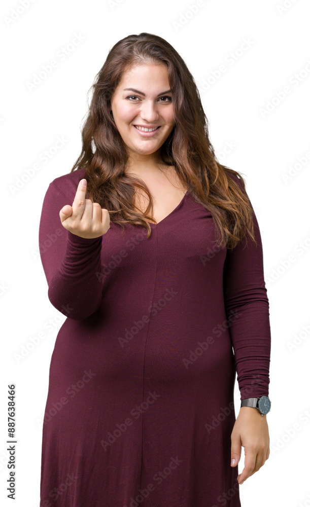 Beautiful and attractive plus size young woman wearing a dress over isolated background Beckoning come here gesture with hand inviting happy and smiling Beautiful and attractive plus size young woman wearing a dress over isolated background Beckoning come here gesture with hand inviting happy and smiling