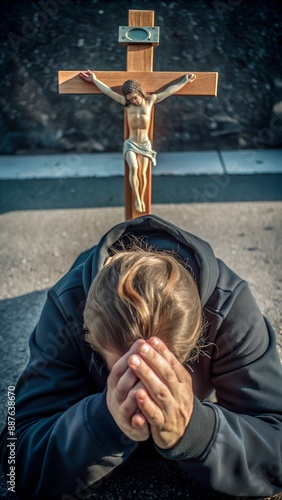 Man kneels and prays with hands together in front of a large wooden cross outdoors photo