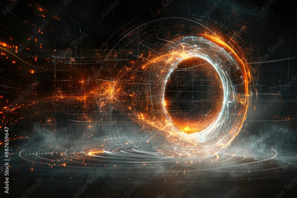 Obraz premium Glowing orange and white digital vortex of energy and technology in a dark background