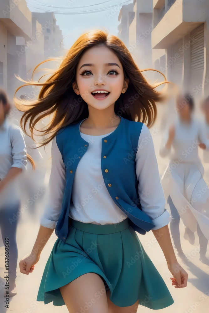 girl with a blue jacket and a white shirt girl with a blue jacket and a white shirt